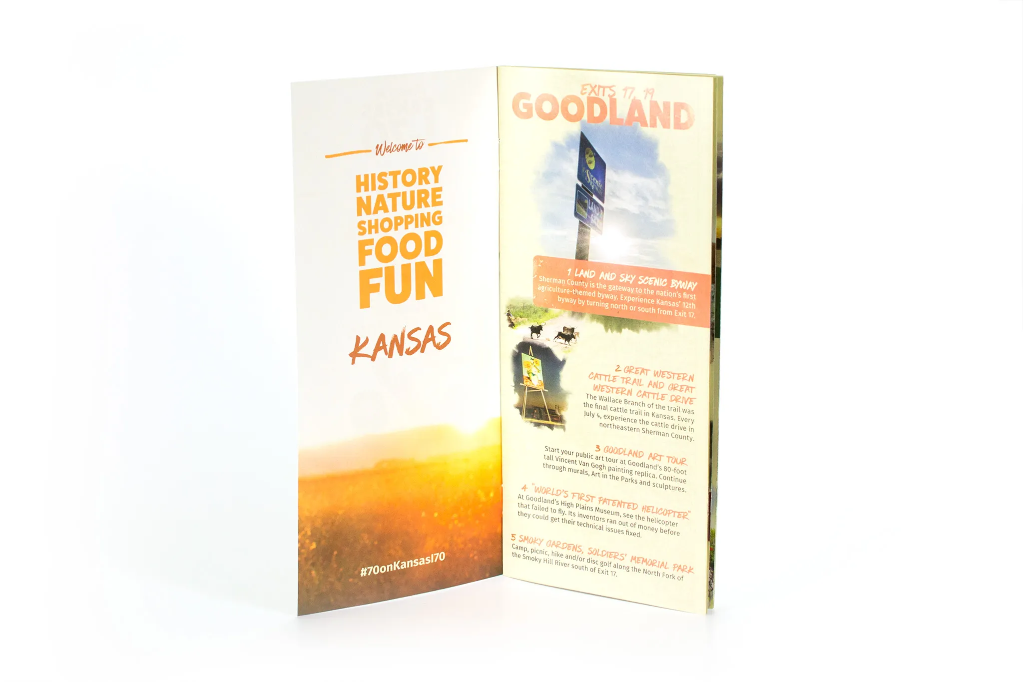 A travel brochure opened to the first page.