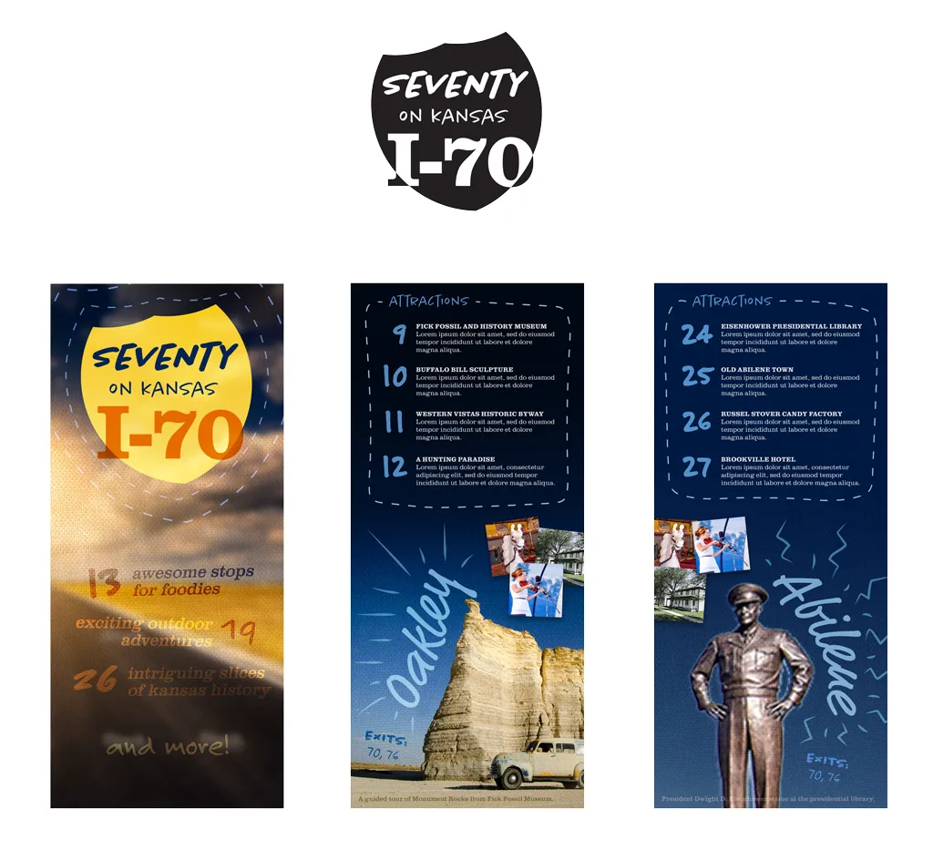 A design concept for a travel brochure with custom logo and internal page examples.