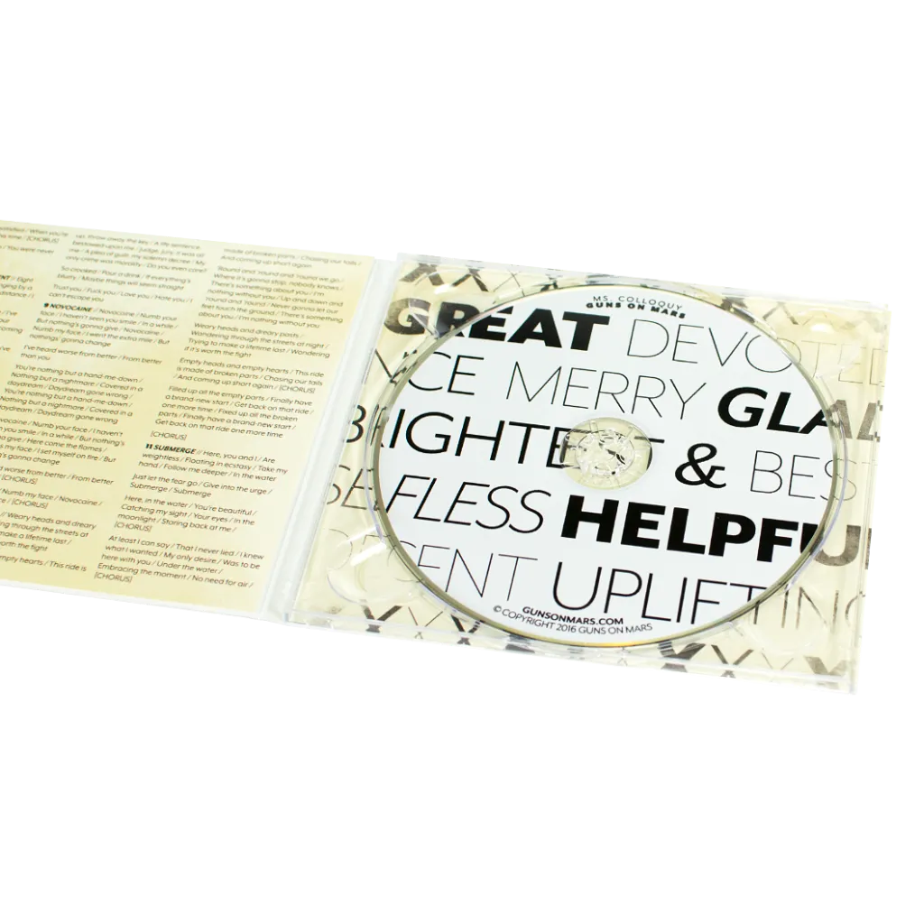 A 6-panel digipack open with the CD in place.