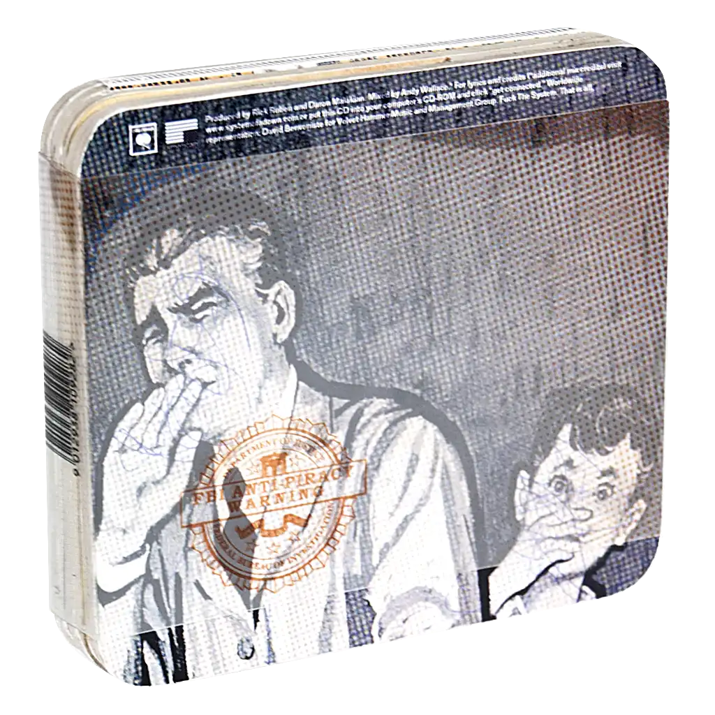 The back cover of a CD album showing a scientist and a child reeling back from an FBI anti-piracy logo.