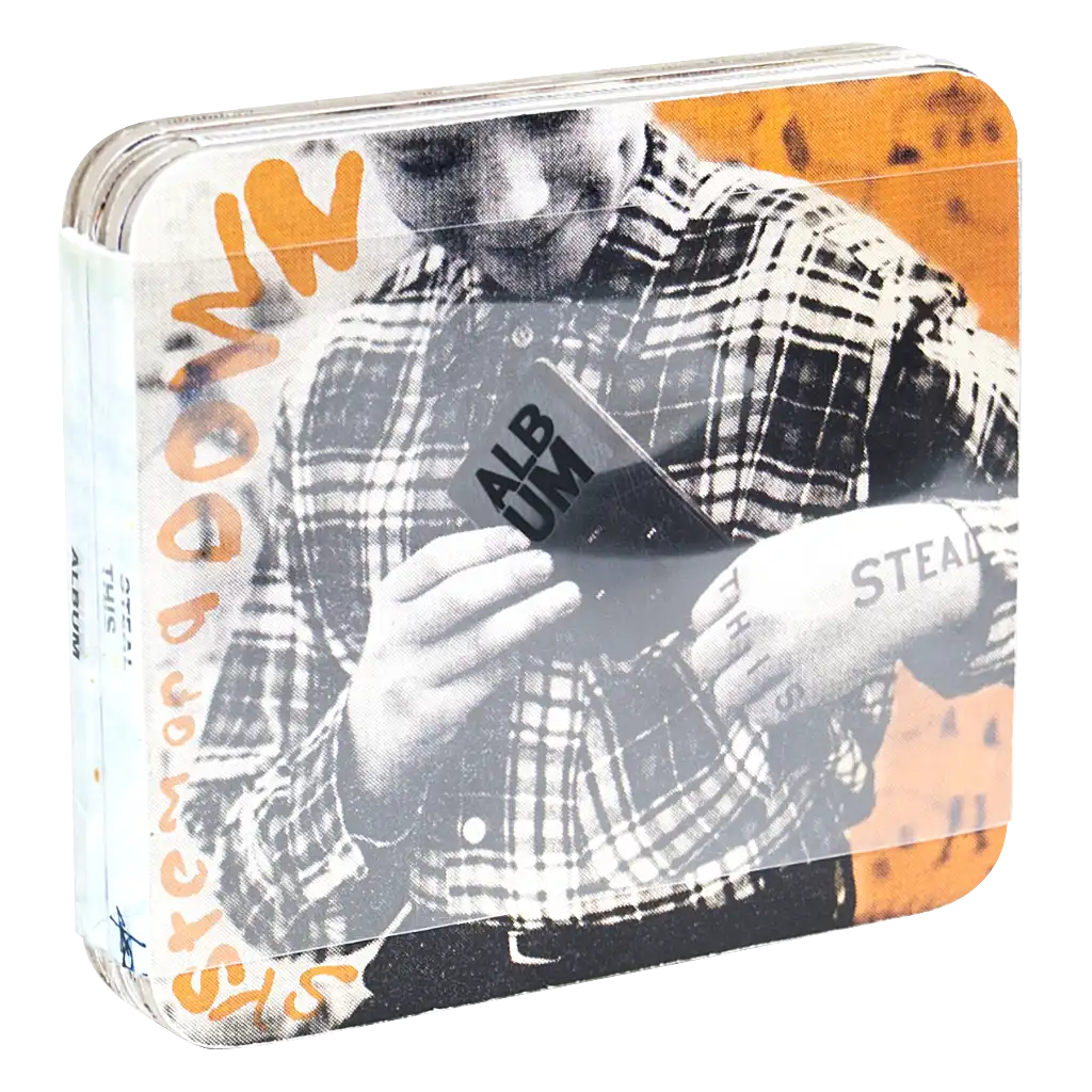 The front cover of a CD album showing a child placing an iPod in their shirt pocket.