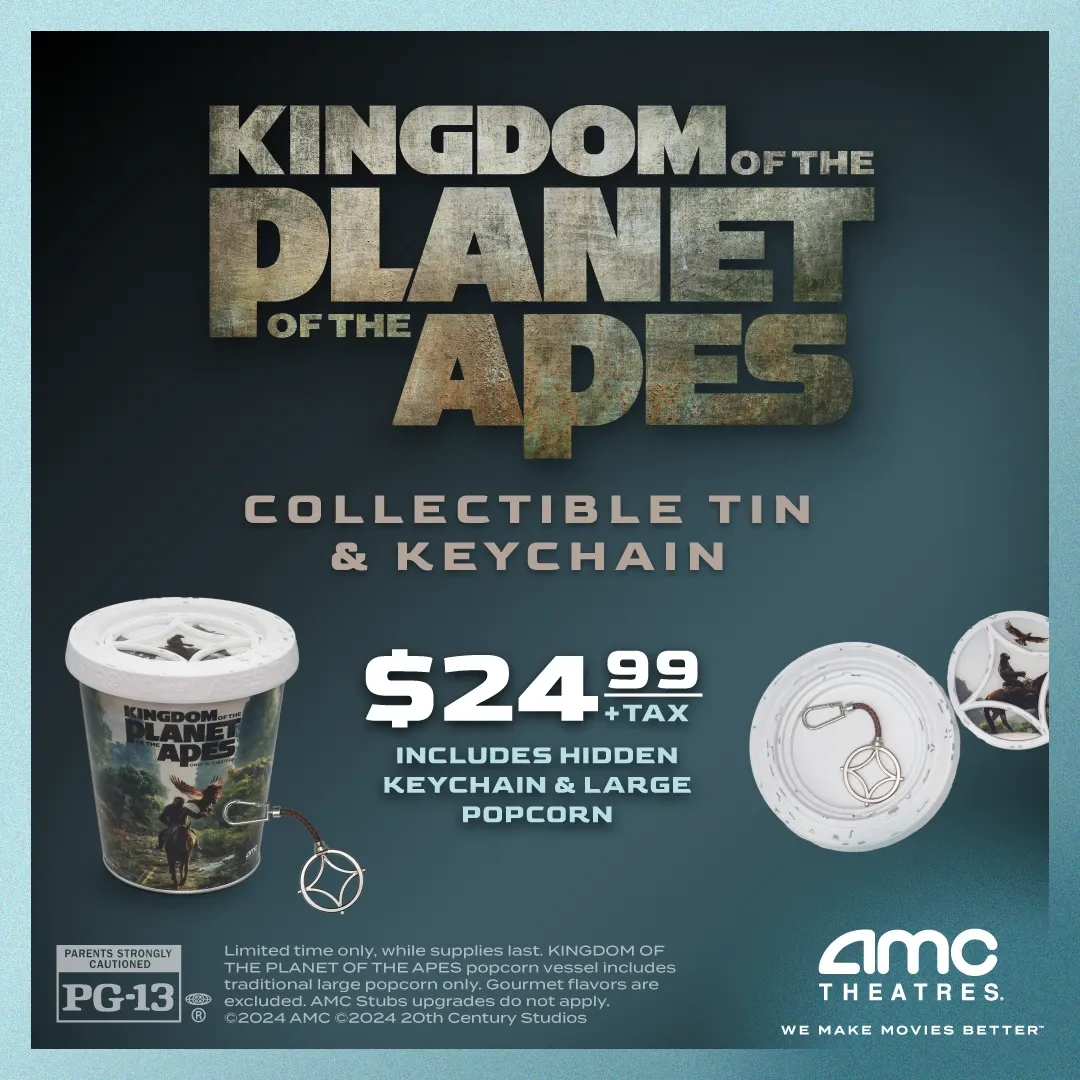 A social media post for Kingdom of the Planet of the Apes movie concession accessories.