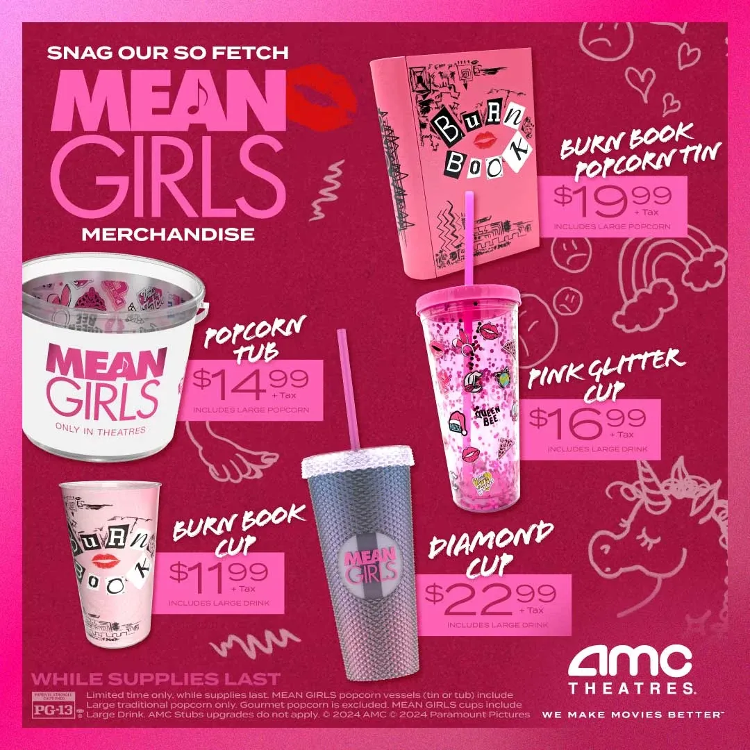 A social media post for Mean Girls movie concession accessories.