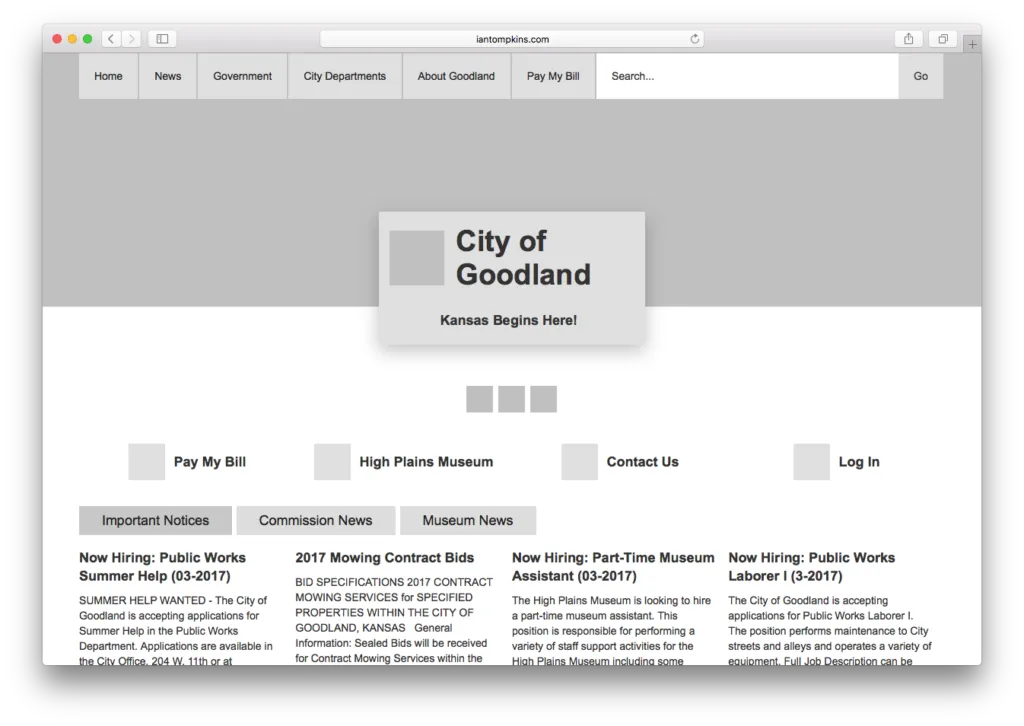 Wireframe of a city website at desktop size.