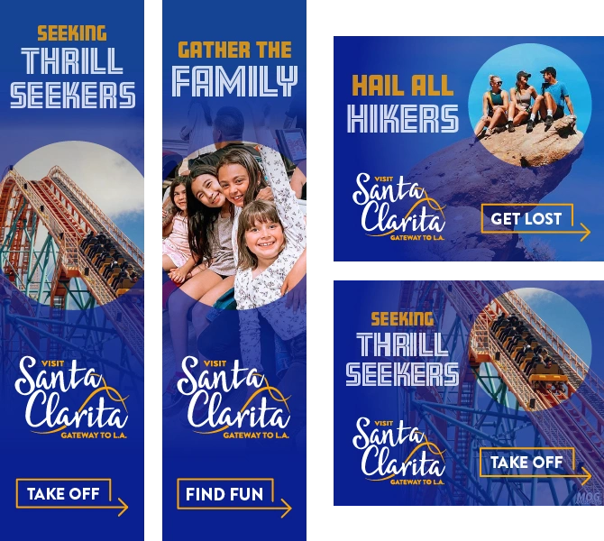 Vertical and rectangular digital banner ads for Visit Santa Clarita.