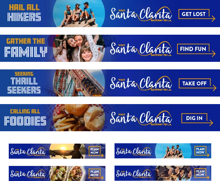 Horizontal digital banner ads for Visit Santa Clarita.