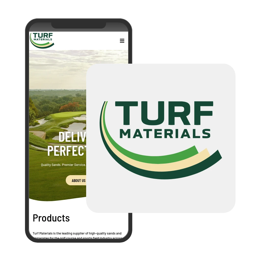 The Turf Materials mobile website and reversed logo.