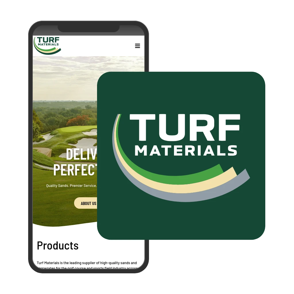 The Turf Materials mobile website and logo.