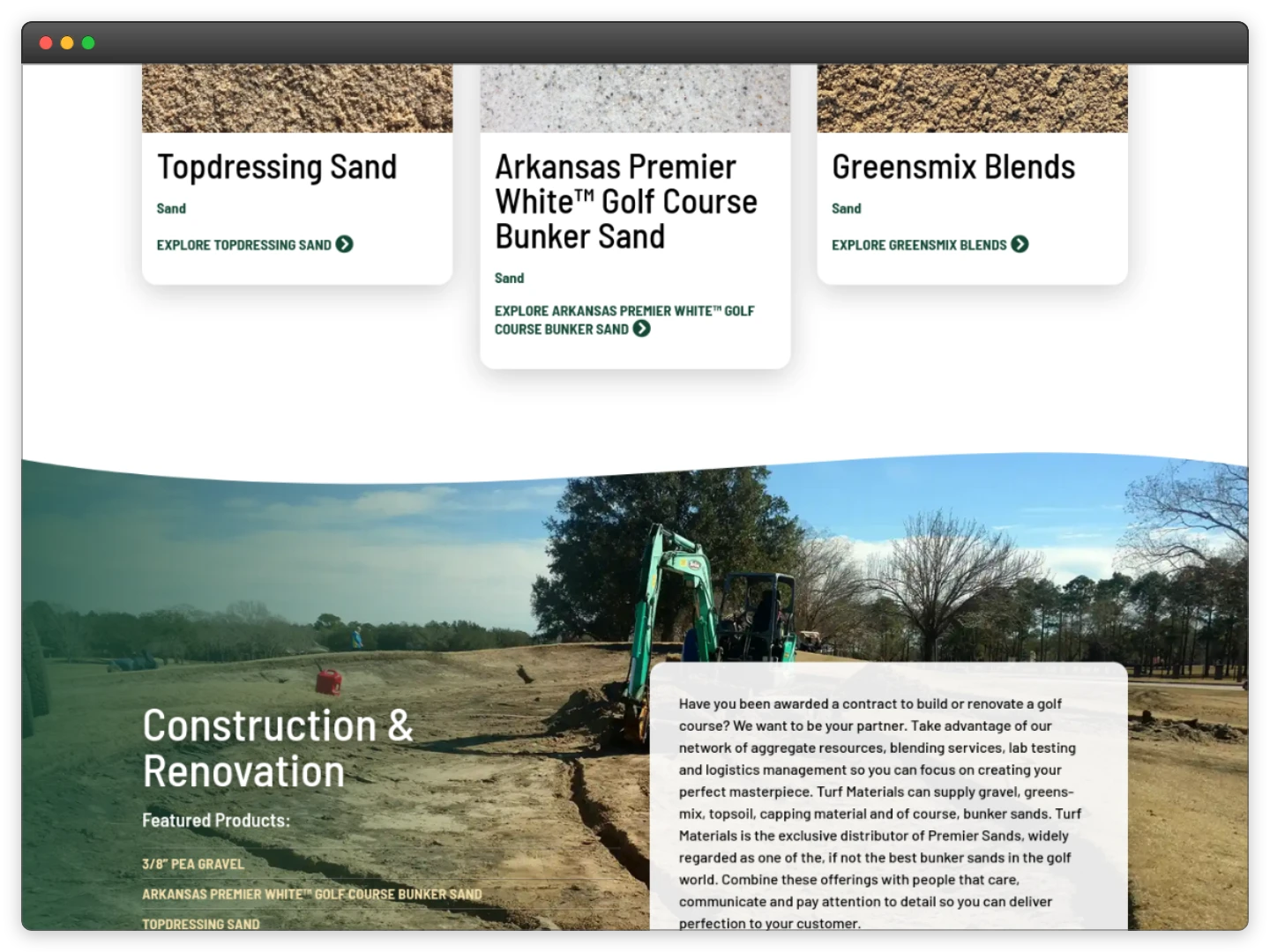 The Turf Materials desktop website.