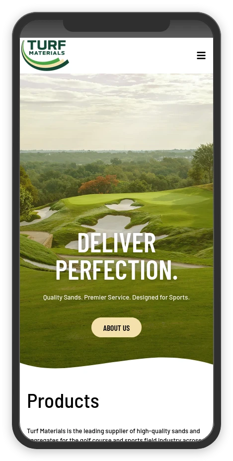 The Turf Materials mobile home page.