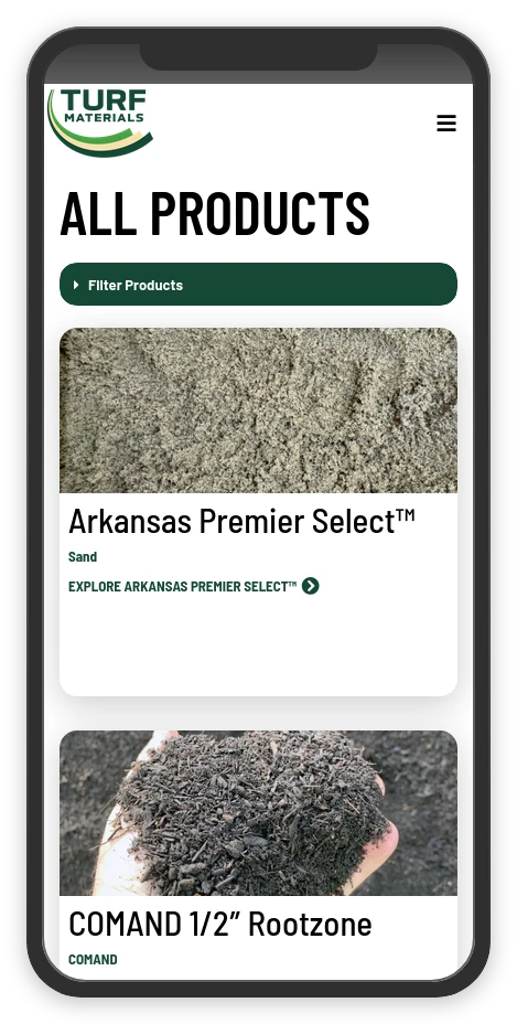 The Turf Materials mobile website.