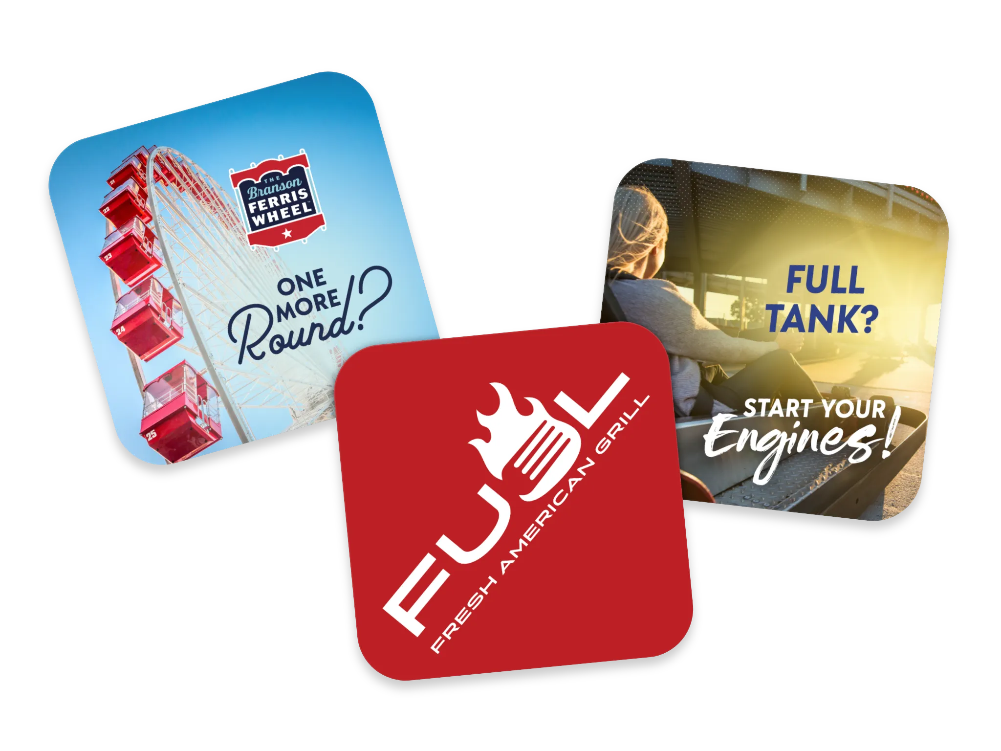 Three coasters with promotional graphics promoting the Fuel restaurant and related attractions.
