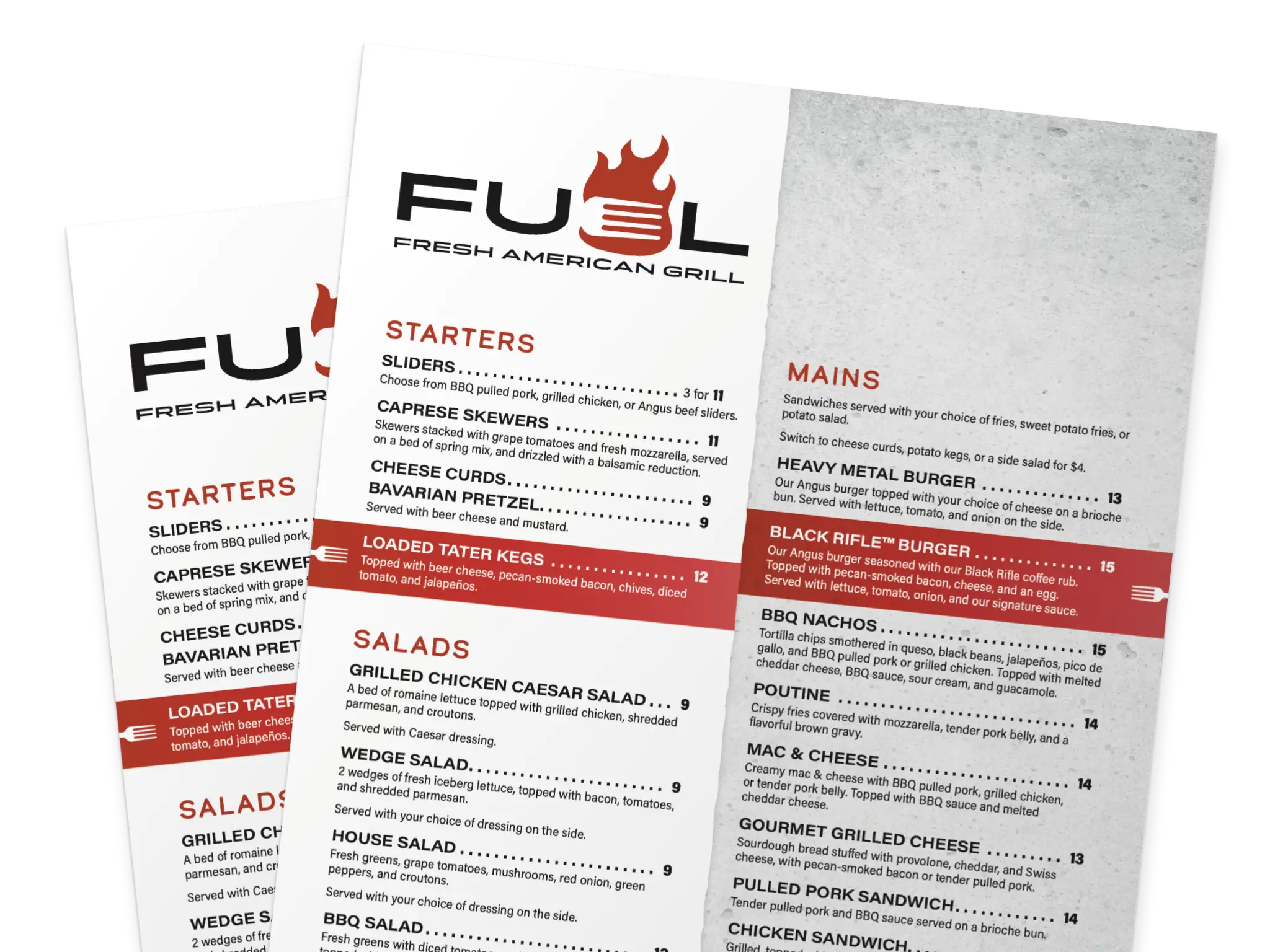 The single-page Fuel restaurant menu.
